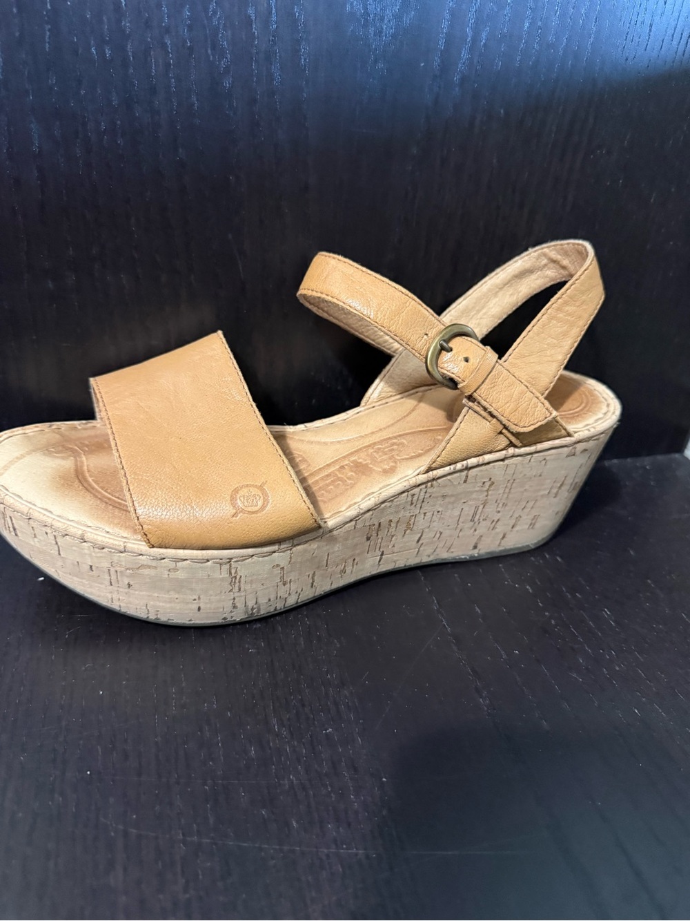 Born Tan Leather Cork Platform Wedge Sandal with Ankle Strap